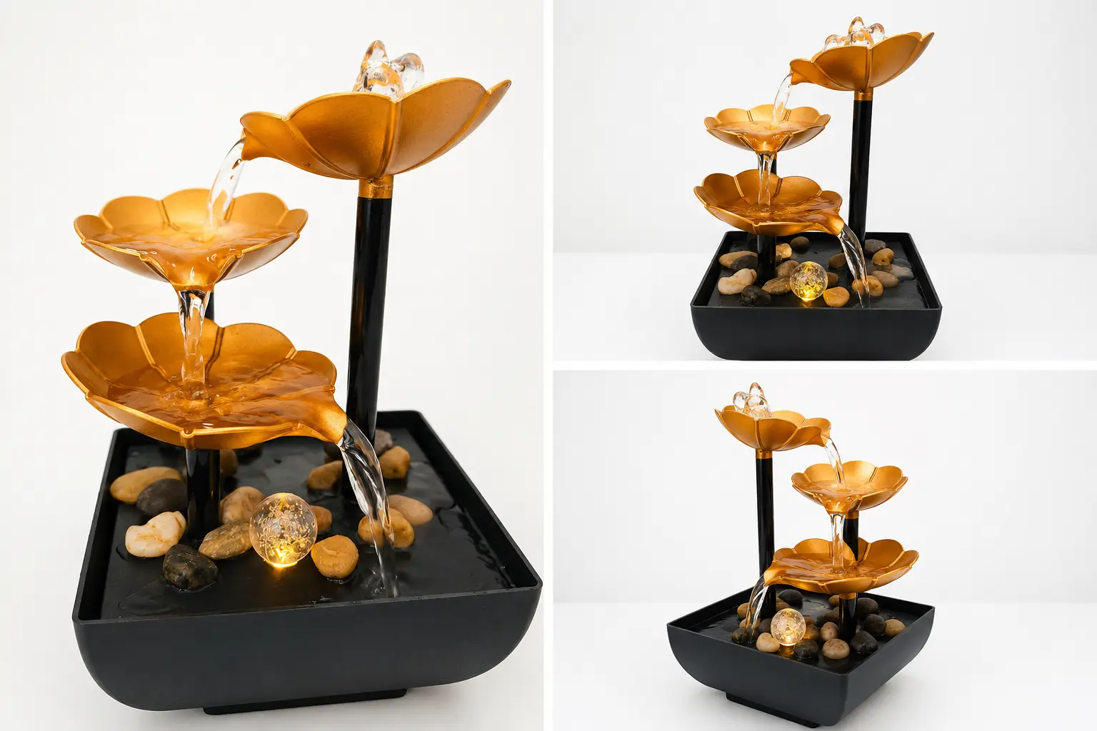 Elegant 3-Tier Lotus Water Fountain – Golden Flower Tabletop Indoor Waterfall with LED Light - Image 2
