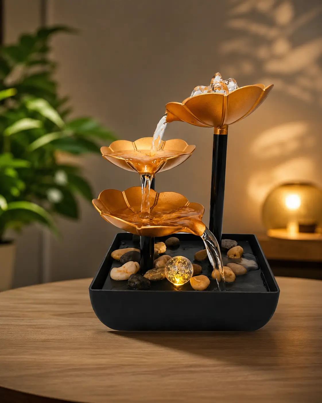 Elegant 3-Tier Lotus Water Fountain – Golden Flower Tabletop Indoor Waterfall with LED Light