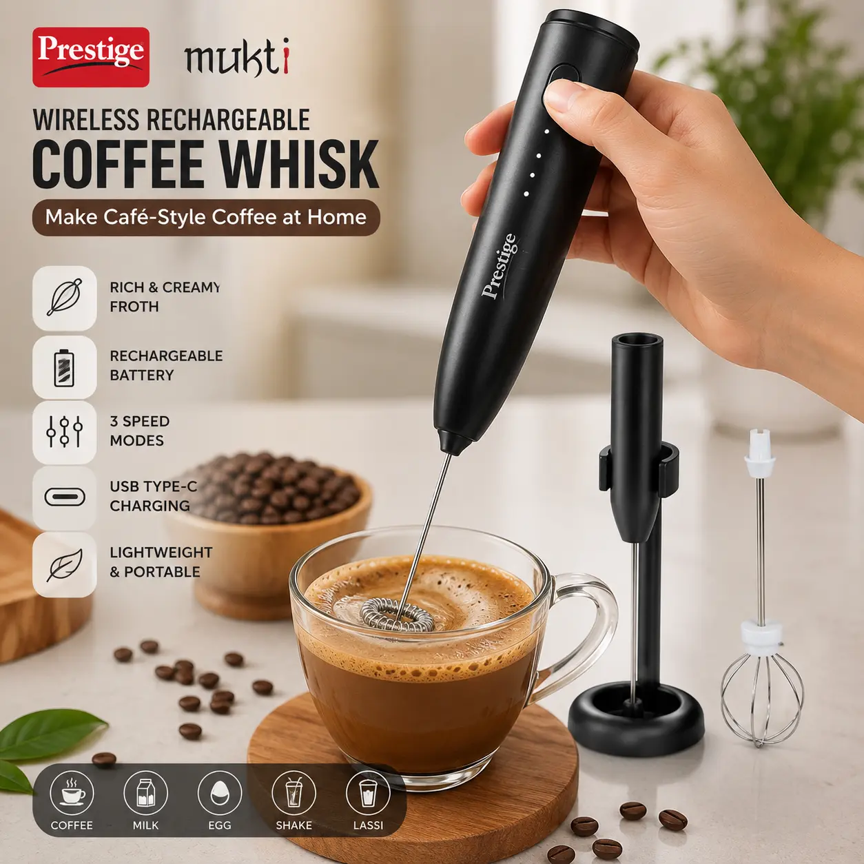 Prestige Mukt Wireless Rechargeable Multifunction Coffee Whisk