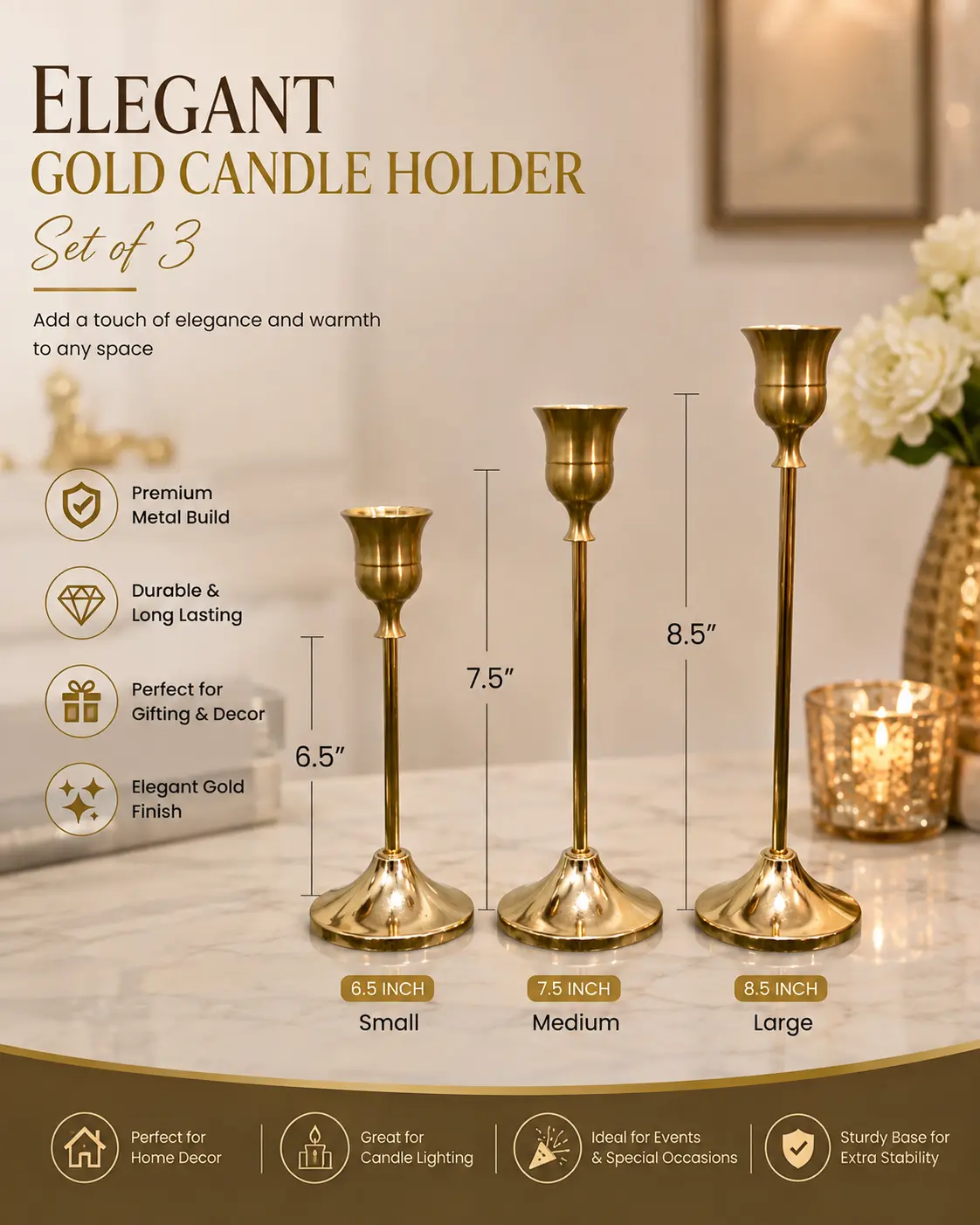 Luxury Gold Metal Candle Holder Set (3 Pieces) - Image 3