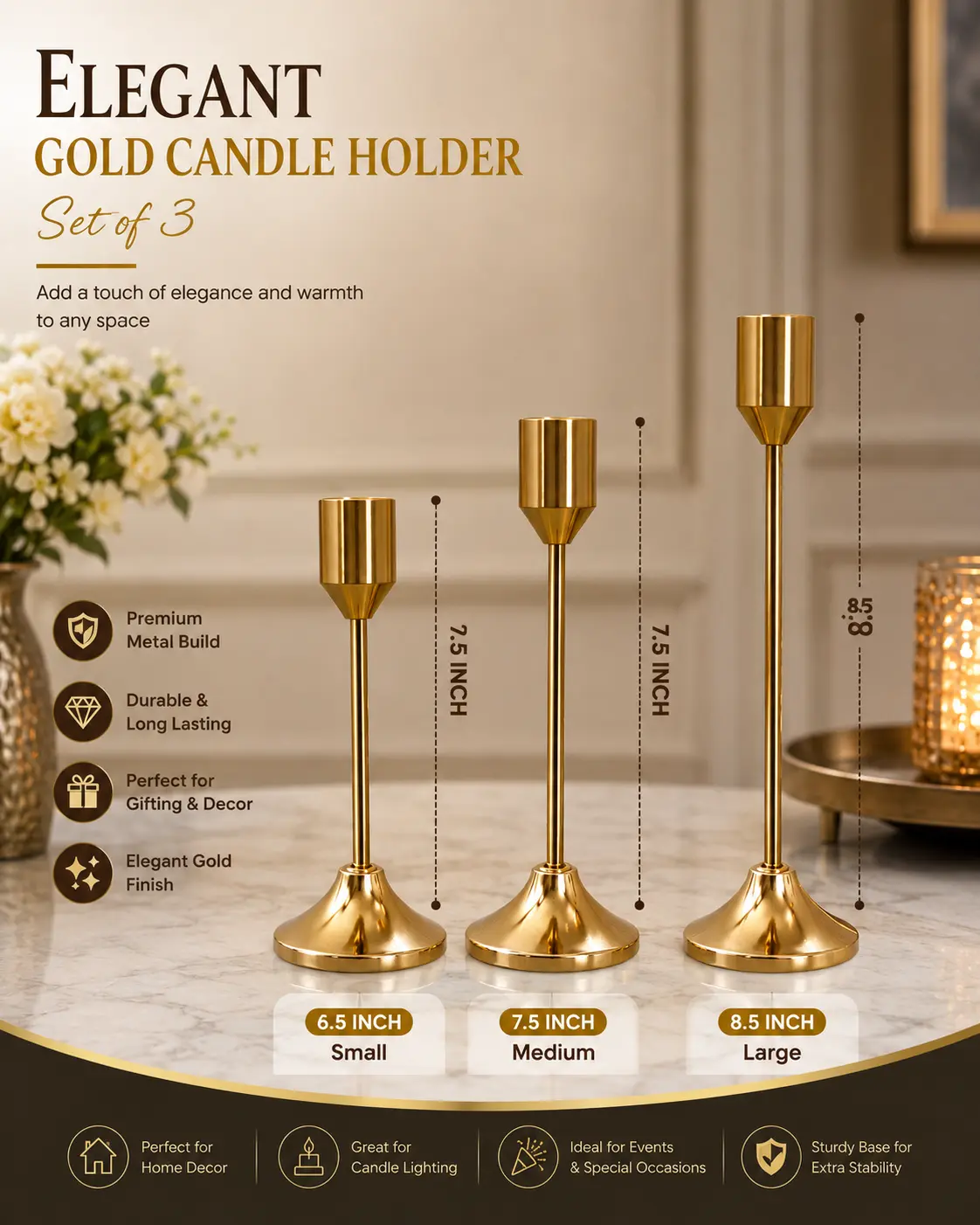 Luxury Gold Metal Candle Holder Set (3 Pieces)